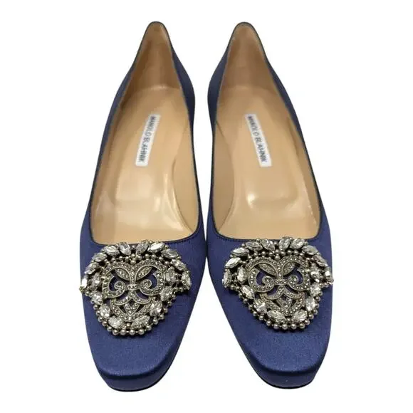 Manolo Blahnik Okkato Jeweled Buckle Crepe de Chine Low Heel Pump Navy 39.5 | 9 - Picture 3 of 12